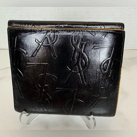 YSL Yves Saint Laurent Embossed  Black /Yellow Leather Compact Wallet - Picture 3 of 9